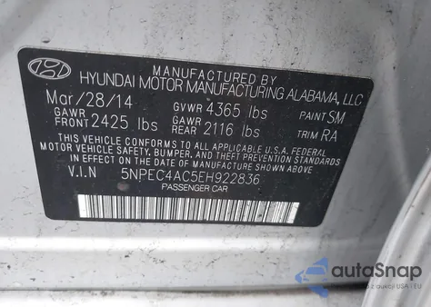 2014 Hyundai Sonata Se из США, поврежденный, VIN 5NPEC4AC5EH922836